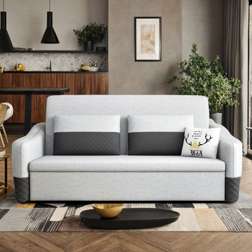 Grey 3 in 1 Pull Out Couch Bed Cotton Linen with Storage Chaise
